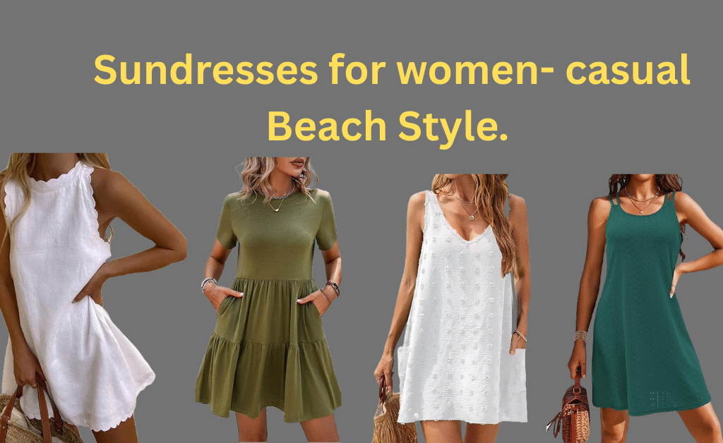 "Beautiful woman in a floral sundress for women, wearing a wide-brimmed hat and sunglasses, walking along a sunny beach with palm trees and blue ocean waves."
