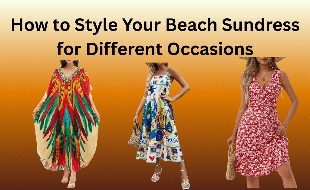 Beautiful woman in a floral sundress with wide-brimmed hat walking on a sunny beach with palm trees, blue sky, and ocean waves – Sundresses for Women
