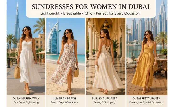  Best Sundresses for Women in Dubai featuring lightweight summer dresses for beach outings, city walks, shopping, and special occasions