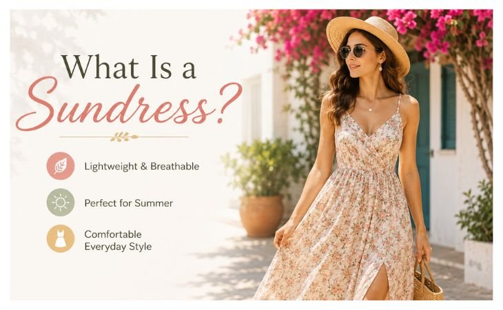 Sundresses for Women featuring a stylish woman wearing a floral summer sundress in a bright outdoor setting with a comfortable and breathable fashion style.
