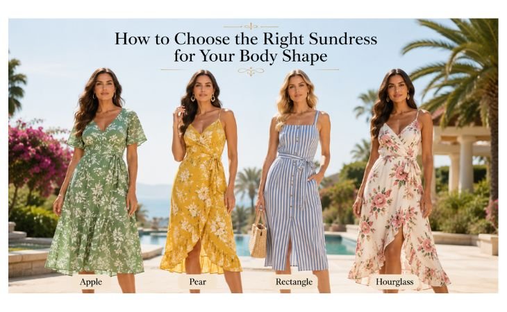 Sundresses for Women showing Apple, Pear, Rectangle, and Hourglass body shapes wearing different summer sundresses to help choose the perfect style.

