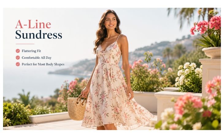 Sundresses for Women featuring an elegant A-Line sundress with a flattering fit in a beautiful summer garden, perfect for comfortable everyday style.
