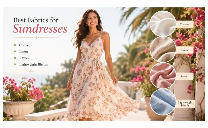 Sundresses for Women featuring the best fabrics for sundresses including cotton, linen, rayon, and lightweight blends with a stylish floral summer dress.
