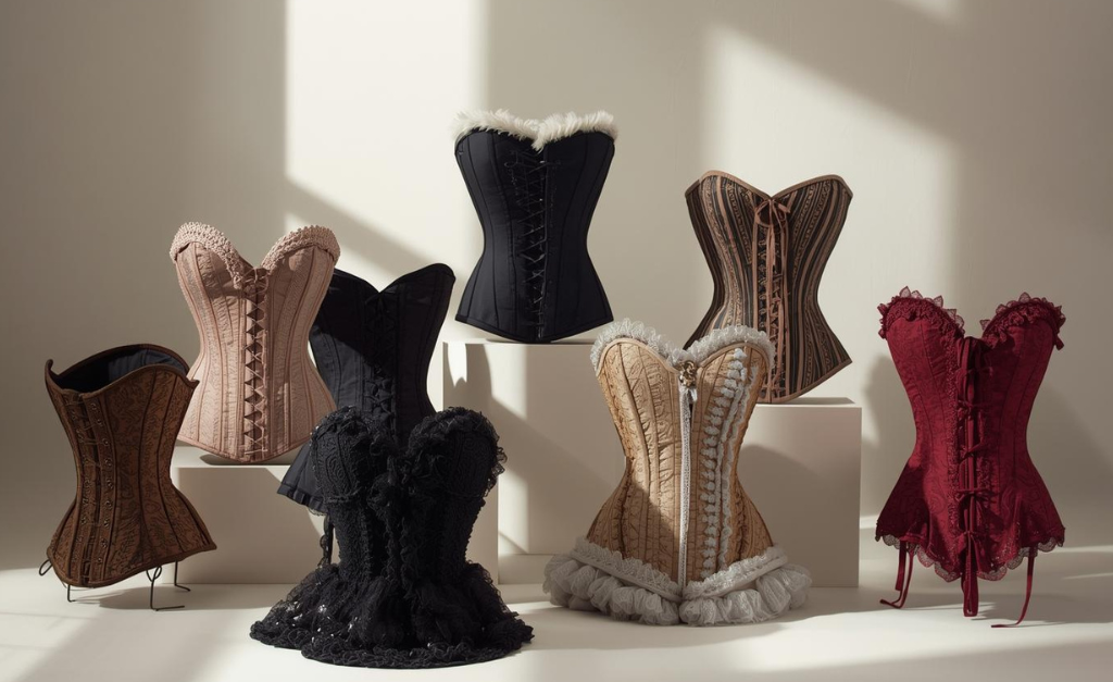 Corsets for women displayed in a historical and modern fashion setting, showing waist shaping and elegant silhouette design.
