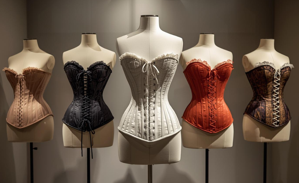 Corsets for women displayed in a historical and modern fashion setting, showing waist shaping and elegant silhouette design.
