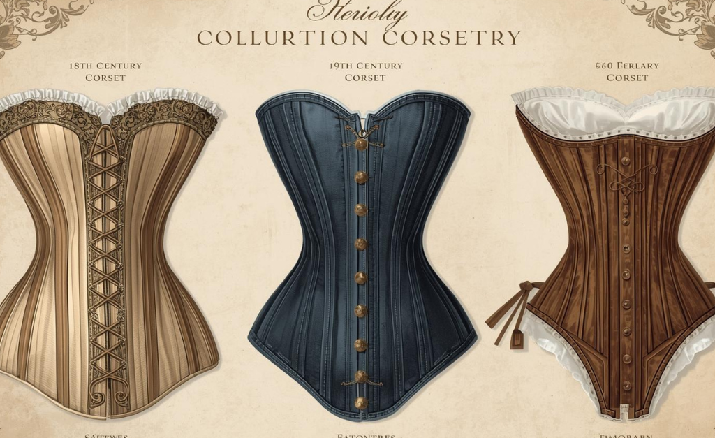 Corsets for women evolving from 18th century elaborate designs to 19th century Victorian styles and modern fashion corsets, showing body shaping and fashion trends
