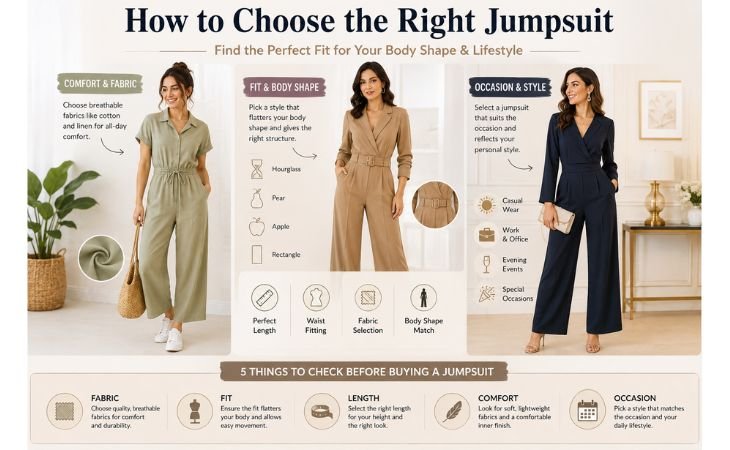 Best jumpsuits for women in 2026 guide showing fabric selection, body shape fitting, waist fitting, length, comfort, and occasion matching
