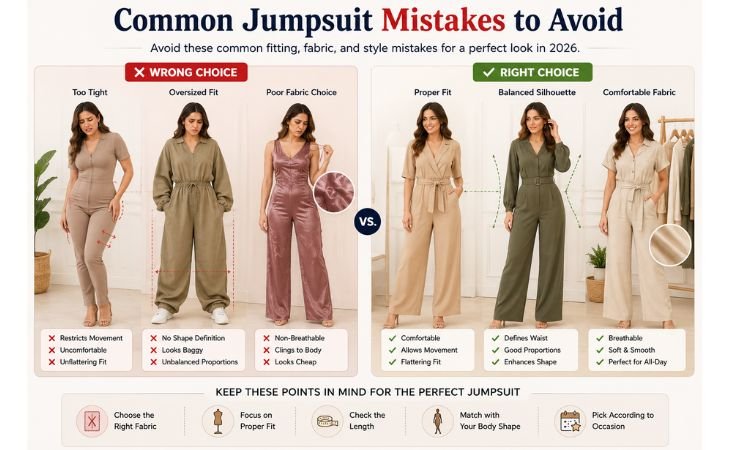 Best jumpsuits for women in 2026 comparison showing common jumpsuit fitting mistakes, oversized styles, poor fabric choices, and proper fitting solutions for different body types.
