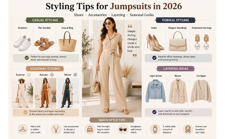Best jumpsuits for women in 2026 styling guide featuring casual and formal shoes, handbags, accessories, layering ideas, and seasonal fashion looks.
