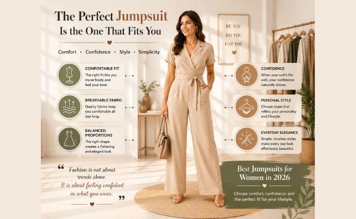 Best jumpsuits for women in 2026 featuring a confident woman in a neutral jumpsuit, highlighting comfort, confidence, balanced proportions, breathable fabric, and personal style.
