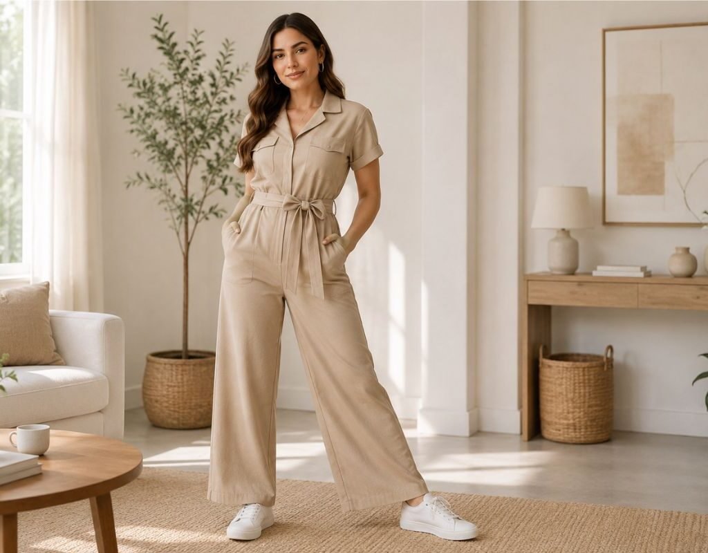 Best jumpsuits for women in 2026 shown in a modern beige casual jumpsuit with comfortable wide-leg design and stylish home fashion look