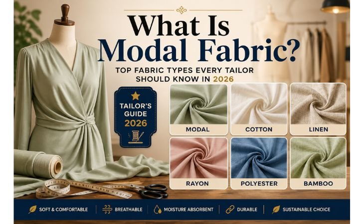 What Is Modal Fabric? infographic showing modal, cotton, linen, rayon, polyester, and bamboo fabric types for tailors in 2026