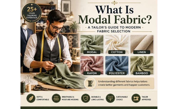 What Is Modal Fabric? infographic showing a professional tailor comparing modal, cotton, linen, rayon, polyester, and bamboo fabrics in 2026