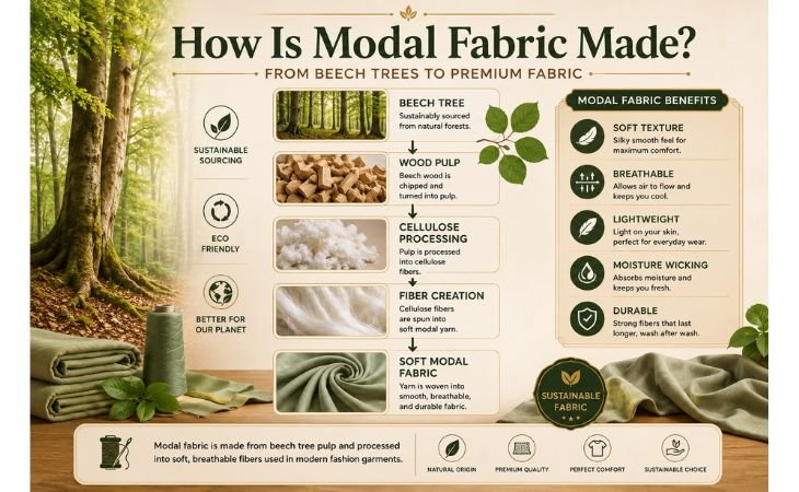 What Is Modal Fabric? infographic showing how modal fabric is made from beech tree pulp through cellulose processing and fiber creation