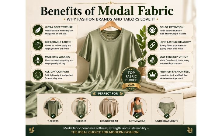 What Is Modal Fabric? infographic showing the benefits of modal fabric including softness, breathability, durability, moisture wicking, and sustainability