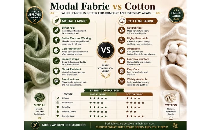 What Is Modal Fabric? comparison infographic showing modal fabric vs cotton fabric for softness, breathability, durability, moisture control, and everyday wear performance