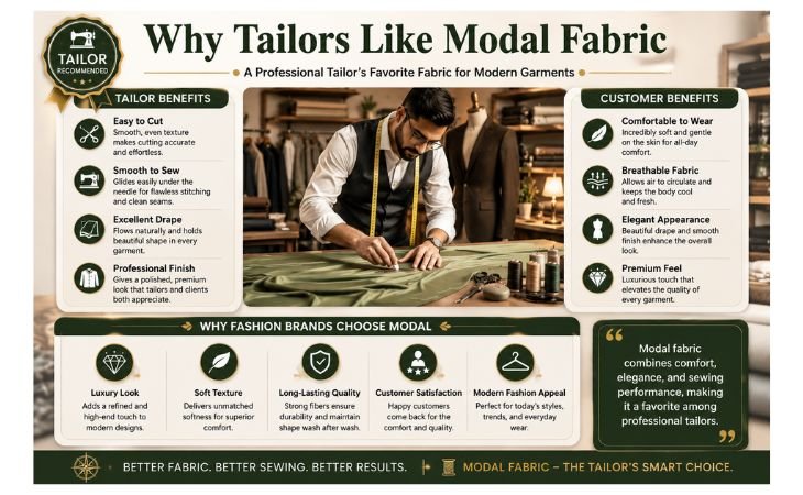 What Is Modal Fabric? infographic showing why professional tailors prefer modal fabric for sewing, garment drape, comfort, and premium clothing construction
