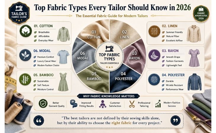 What Is Modal Fabric? infographic showing cotton, linen, rayon, polyester, bamboo, and modal fabric types every tailor should know in 2026