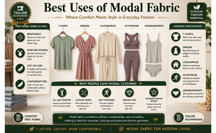What Is Modal Fabric? infographic showing the best uses of modal fabric in T-shirts, dresses, loungewear, activewear, and undergarments