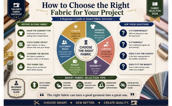 What Is Modal Fabric? infographic showing how to choose the right fabric based on climate, comfort, durability, budget, garment purpose, and customer needs