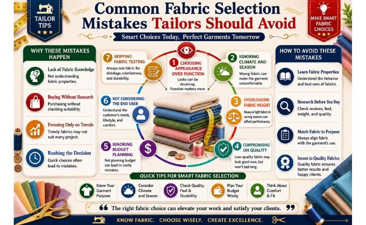 What Is Modal Fabric? infographic showing common fabric selection mistakes including choosing appearance over function, ignoring climate, fabric weight, quality, and fabric testing