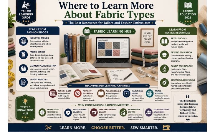 What Is Modal Fabric? educational infographic showing fashion blogs, textile resources, tailoring books, Pinterest inspiration, and fabric learning resources
