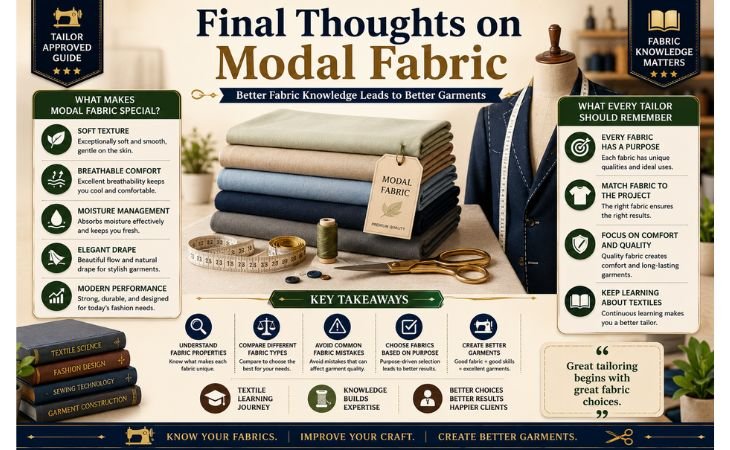 What Is Modal Fabric? conclusion infographic highlighting modal fabric benefits, fabric knowledge, fabric selection tips, and tailoring best practices