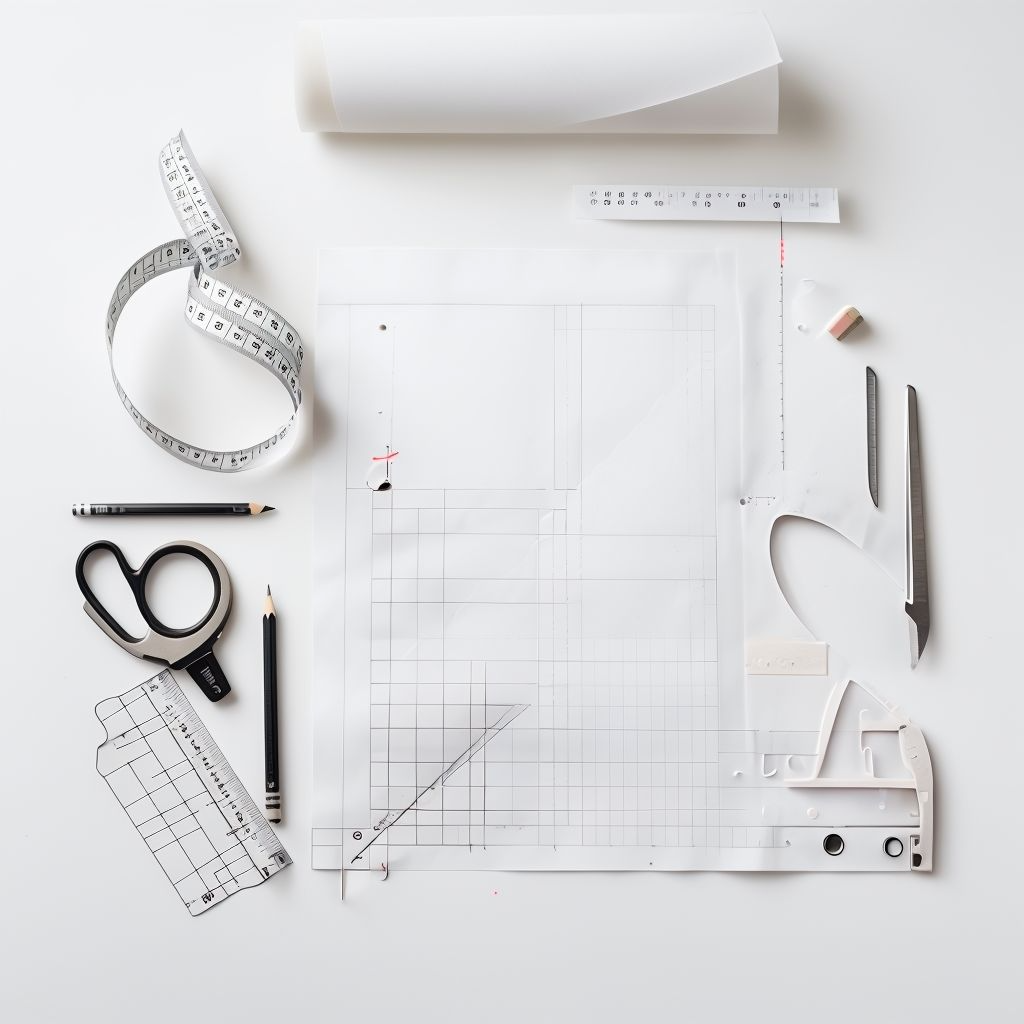 Make dress pattern at home tools arranged on a clean workspace including measuring tape, pattern paper, French curve, ruler, scissors, and tracing wheel.

