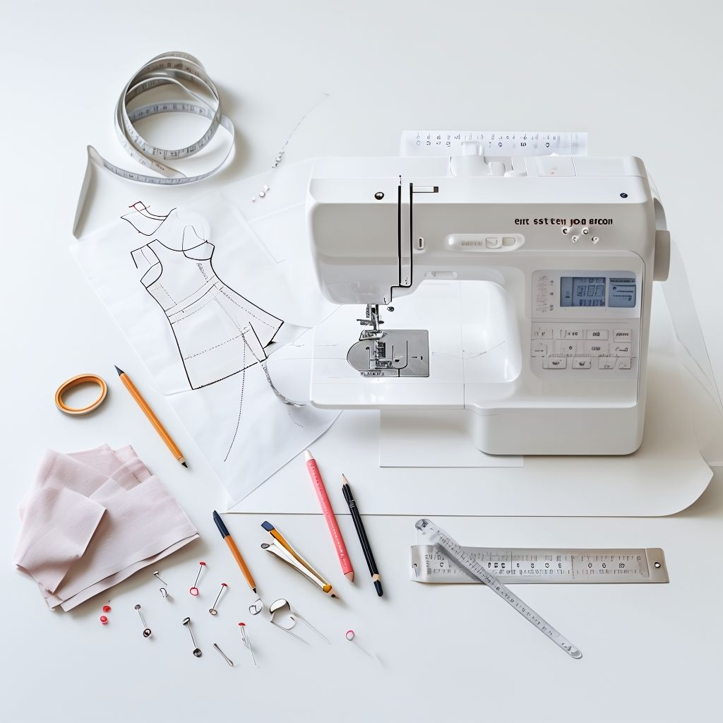 Make dress pattern at home tools arranged on a sewing table with a sewing machine, measuring tape, French curve, ruler, and pattern paper.