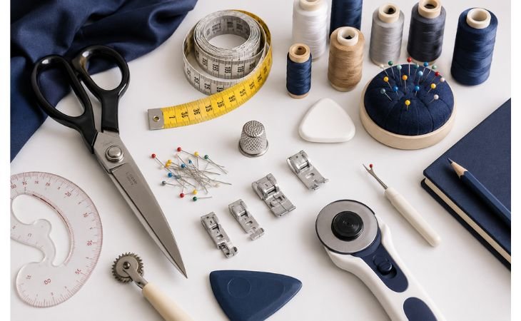 Tailor's Tools featuring professional sewing scissors, measuring tape, thread spools, rotary cutter, tailor chalk, pin cushion, and sewing accessories arranged in a clean workspace.