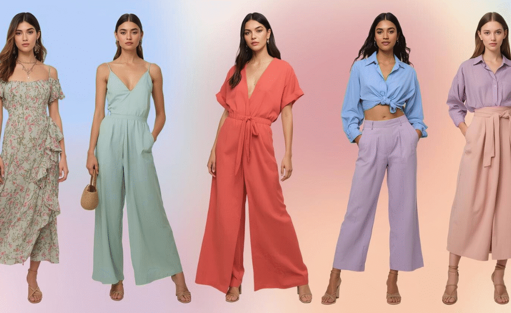"Women’s fashion trends 2025 – models showcasing sundresses, jumpsuits, co-ord sets, and pastel crop shirts on a soft gradient background, highlighting modern chic style."
