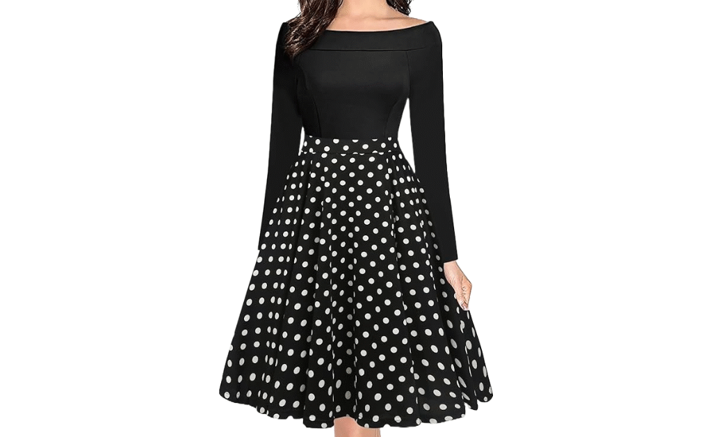 Elegant women’s dress featuring classic polka dot pattern – stylish retro fashion trend for 2025.
