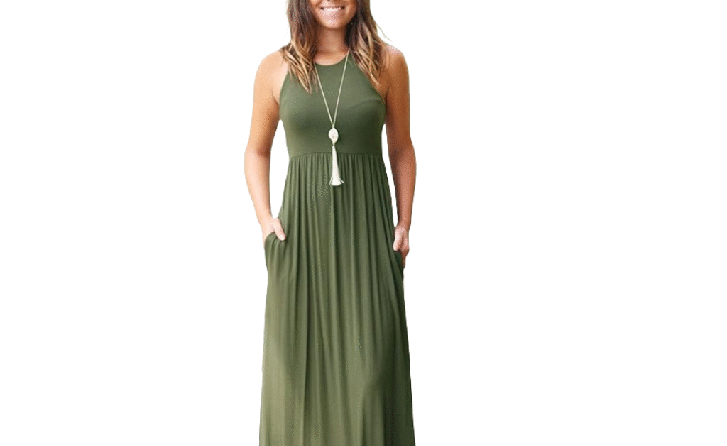 Eco-friendly sleeveless racerback women’s dress in boho style – sustainable and casual fashion for 2025.
