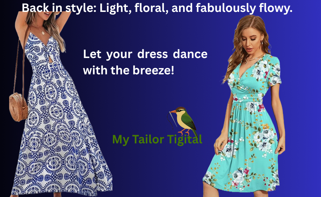 Two stylish women wearing floral and flowy maxi dresses in 2025 trend colors against a dark blue background.