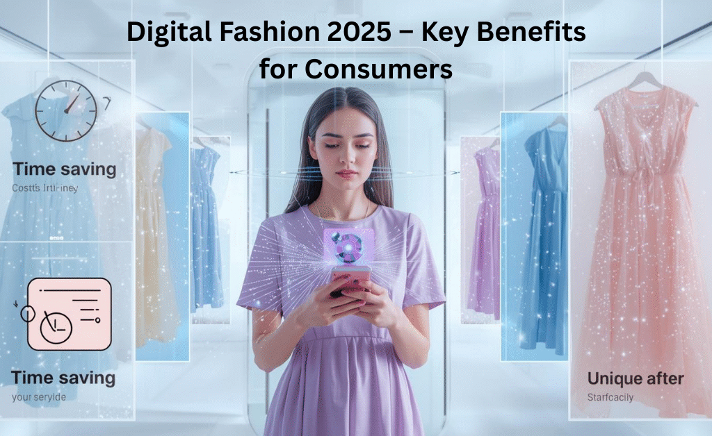 Digital Fashion 2025 consumer benefits – AI virtual fitting, time saving, cost efficiency, and personalized style options.
