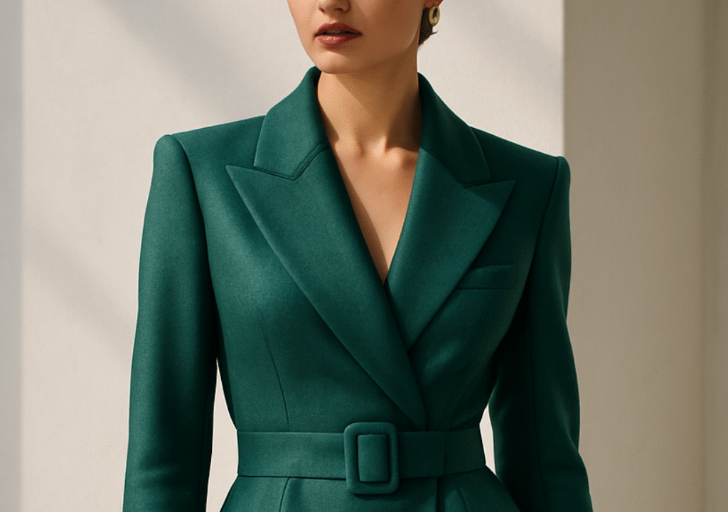 Trending dresses for women 2025 shown through a modern winter outfit featuring structured silhouettes, soft pastels, bold tones, and sustainable fabrics reflecting key fashion trends.