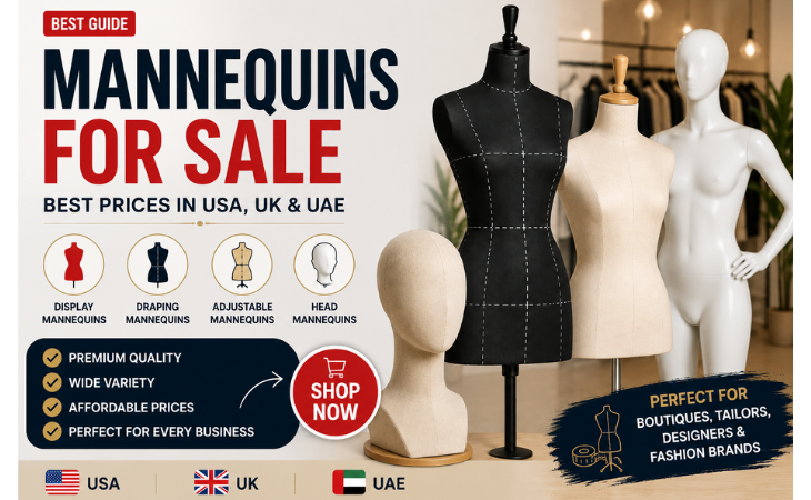 Mannequins for Sale feature image showing display mannequins, dress forms, adjustable mannequins, and head mannequins for boutiques, fashion designers, tailoring shops, and clothing stores in the USA, UK, and UAE.