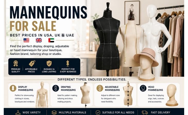 Mannequins for Sale infographic showing display mannequins, draping mannequins, adjustable mannequins, and head mannequins for boutiques, tailoring shops, fashion designers, and clothing brands.