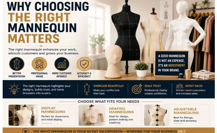 Mannequins for Sale infographic explaining why the right display, draping, or adjustable mannequin improves garment presentation, fitting accuracy, customer trust, and boutique sales.