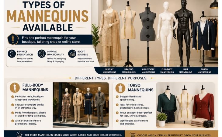 Mannequins for Sale infographic showing full-body mannequins, torso mannequins, display mannequins, draping mannequins, adjustable mannequins, and male and female retail forms for boutiques and tailoring shops.