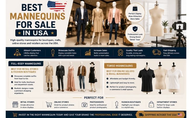 Mannequins for Sale infographic featuring full-body and torso mannequins for boutiques, fashion stores, shopping malls, and online businesses across the USA.