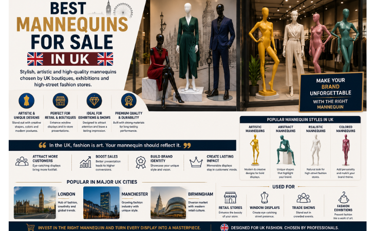 Mannequins for Sale infographic featuring artistic, abstract, and realistic mannequins for UK fashion boutiques, luxury retail stores, window displays, exhibitions, and designer showrooms.