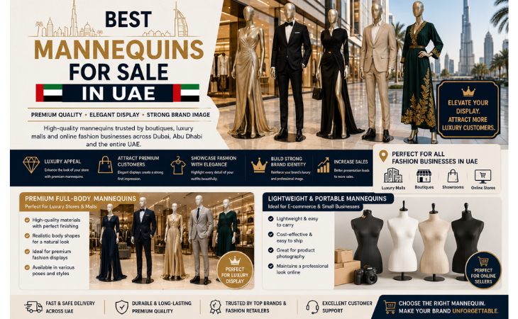 Mannequins for Sale infographic featuring premium full-body and lightweight mannequins for luxury malls, boutiques, designer showrooms, and online fashion stores across Dubai, Abu Dhabi, and the UAE.