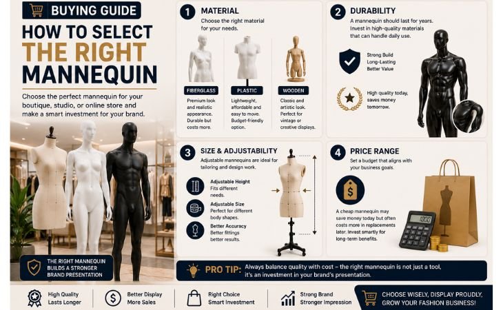 Mannequins for Sale buying guide infographic comparing fiberglass, plastic, wooden, and adjustable mannequins by material, durability, size, adjustability, quality, and price.