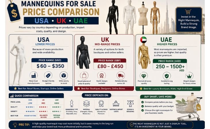 Mannequins for Sale price comparison infographic showing mannequin costs, quality, and buying options across the USA, UK, and UAE for boutiques, fashion designers, and retail stores.