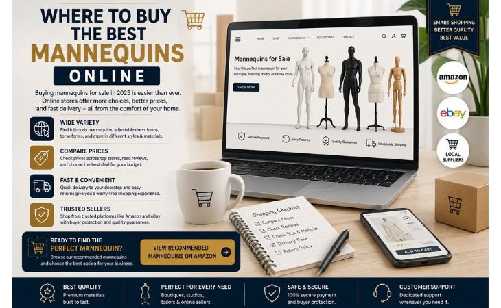 Mannequins for Sale online shopping infographic showing full-body mannequins, torso forms, adjustable dress forms, trusted marketplaces, price comparison, customer reviews, secure payment, and fast delivery.
