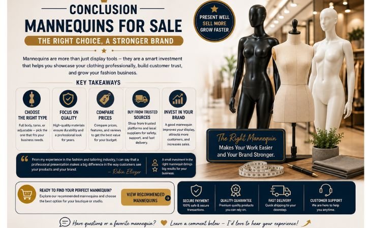 Mannequins for Sale conclusion infographic featuring full-body and dress form mannequins, key buying tips, brand growth, customer trust, secure shopping, and fashion business success.