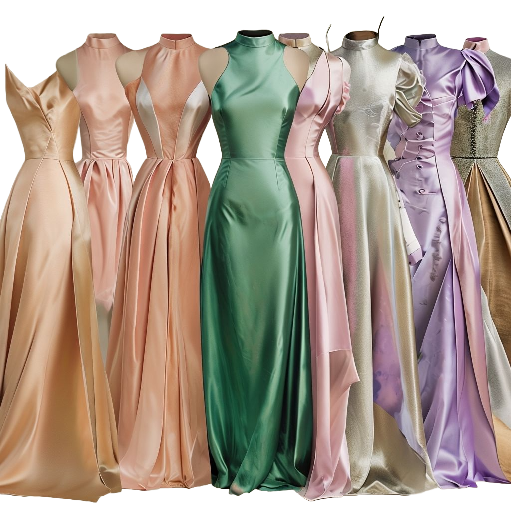 Trending dresses for women 2025 displayed in soft pastels, emerald green, lavender, metallic gold and silver, and earthy neutral tones for 2026 color trends.
