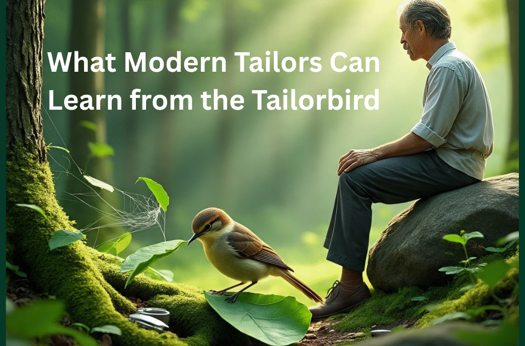 An elderly tailor sitting in the forest with a tailorbird, symbolizing how modern tailors can learn from nature – modern tailors inspiration from tailorbird

