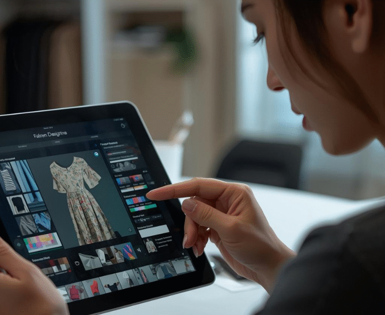 AI Clothing 2025 concept – futuristic fashion model standing near a smart mirror with holographic outfit changing in real-time.